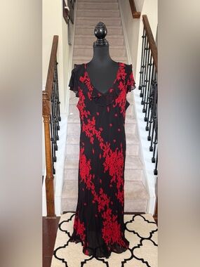 Vintage Black Ruffle V-Neck Dress with Red Floral & Sequins